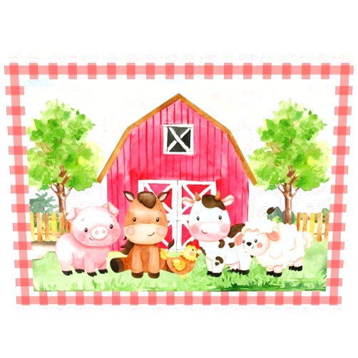 YongFoto 5x3ft Cartoon Farm Backdrop Red Pink Barn Pasture Watercolor Farmhouse Fences Pig Horse Sheep Meadow Cow Chick Trees Green Grass Tree Photography Background Birthday Party Kids Photo Props