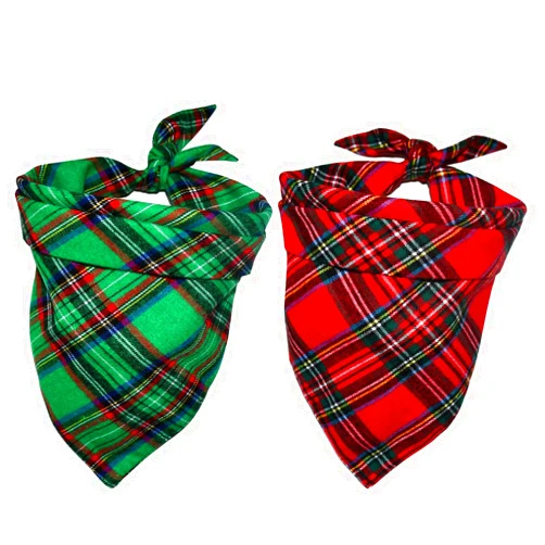 Malier 2 Pack Dog Bandana Christmas Classic Plaid Pets Scarf Triangle Bibs Kerchief Set Pet Costume Accessories Decoration for Small Medium Large Dogs Cats Pets (Green + Red, Large)