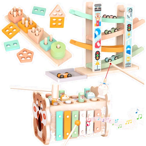 Wuzhineisn 3 in 1 Wooden Montessori Toys for 1 Year Old, Whack a Mole Game with Xylophone & Fishing Game, Car Ramp Toy, Stacking Blocks & Shape Sorter Wooden Toddler Toys 1 2 3 for Christmas Birthday Gifts