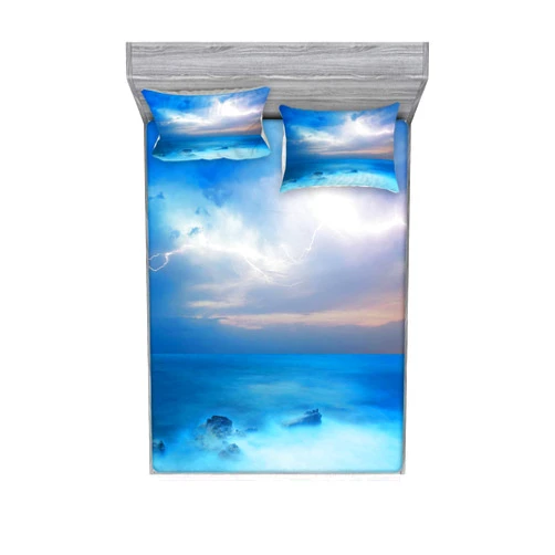 Lunarable Nature Fitted Sheet & Pillow Sham Set, Rocks in The Tropical Ocean and Big Dense Bolts in The Air Forces of Nature Art, Decorative Printed 3 Piece Bedding Decor Set, Queen, Turquoise