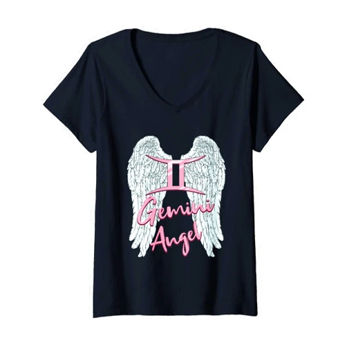 Gemini Zodiac Sign Angel with Angel Wings Womens Gemini Angel Zodiac Sign with Angel Wings for Women V-Neck T-Shirt