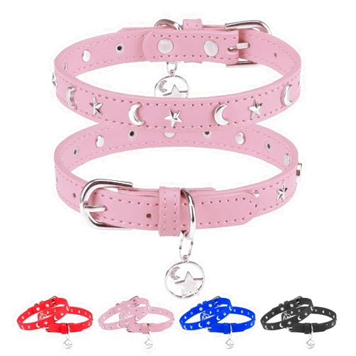 DILLYBUD Leather Dog Collar for Puppy Small Medium Dogs, Adjustable Star and Moon Studded Pet Collars with Rust-Proof Metal Buckle and Charms, XS S Dog Collars for Boy and Girls, Size 11-14