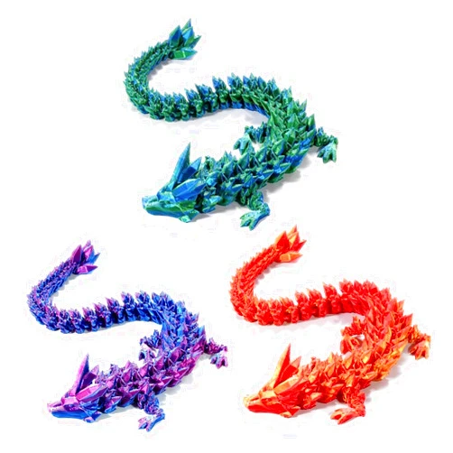 AMOMELA 3D Printed Crystal Dragon 12In 3Pcs, 3D Printed Flexible Articulated Dragon,Fidget Toys for Autism/ADHD(Purple+Green+Red)