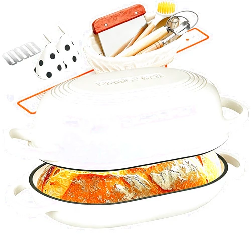 Umite Chef Enameled Cast Iron Dutch Oven for Bread Baking - incl. Sourdough Bread-Baking Supplies like Banneton Bread-Proofing Basket - 5QT Loaf Cast Iron Bread Oven Pan& Meatloaf Pan with Lid, Sour Sough Tools, Lame (Cream White）