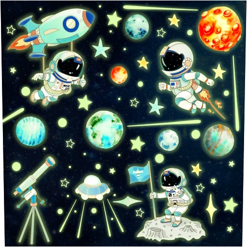 NQEUEPN Glow in The Dark Outer Space Wall Sticker, Luminous Astronaut Wall Stickers Solar System Galaxy Astronomy Stars Planets Saucer Telescope Meteor Sticker for Kids Bedroom Play Room Ceiling Decor