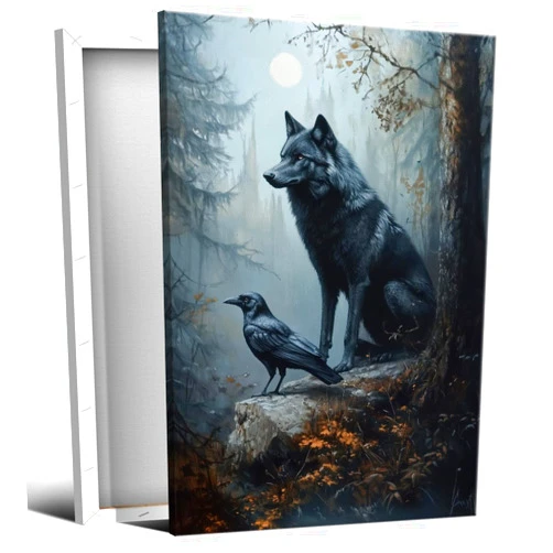 Xbsifyiooa Wolf Wall Art, Raven Poster, Dark Forest Landscape Canvas Wall Art, The Crow Black Bird Picture, Symbiotic Wildlife Animal and Woods Painting, Gothic Moody Nature Lover Gift 12x16in Wrapped Canvas