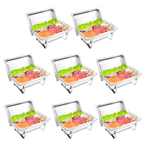 ROVSUN 8 Qt 8 Pack Full Size Stainless Steel Chafing Dishes Buffet Set, NSF Silver Rectangular Catering Chafer Warmer Set with Trays Pan Lid Folding Frame Stand for Kitchen Party Banquet Dining