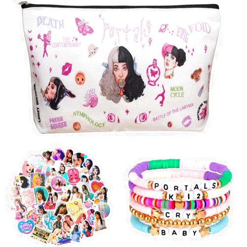 Juuwer Melanie Merch Makeup Bag Gift Set Including Melanie CRY-BABY K-12 Friendship Bracelets, Melanie Cosmetic Bag, Martinez 50 Stickers for Women Fans