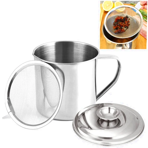 KEISSCO Bacon Grease Container with Strainer, Stainless Steel Oil Storage Can Container with Fine Mesh Strainer Fat Container Pot with Filter Screen, 1.25 QT / 5 Cups Grease Keeper Cooking Oil Keeper