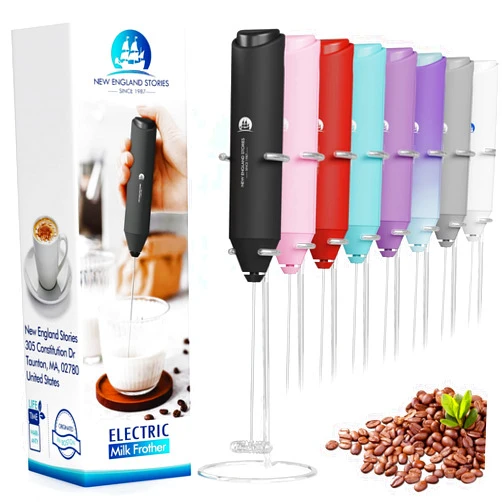 New England Stories Powerful Milk Frother Handheld Foam Maker, Mini Whisk Drink Mixer for Coffee, Cappuccino, Latte, Matcha, Hot Chocolate, With Stand, Black