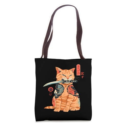 Alexamerch Cats Japanese Samurai Ninja Cat Kawaii Tattoo Graphic Tote Bag