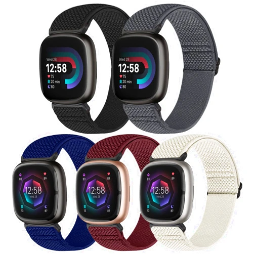 Bcuckood Compatible with Fitbit Versa 4/Versa 3/Fitbit Sense 2/Sense Band Women Men, 5 Pack Elastic Nylon Soft Adjustable Stretchy Solo Loop Replacement Strap for Fitbit Versa 4/Versa 3/Sense 2/Sense