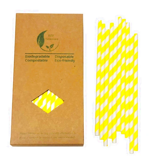 DingZan Yellow And White Paper Straws, Pack of 100 Disposable Yellow Striped Cockatil Drinking Straw for Cake Pop Sticks, Anniversary, Birthday Party Supplies