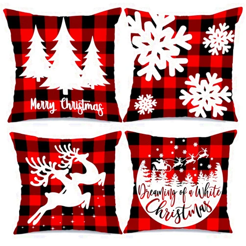 AENEY Farmhouse Christmas Pillow Covers 18x18 Set of 4 for Christmas Decor Buffalo Check Throw Pillows Black and Red Buffalo Plaid Christmas Decorations Decorative Throw Pillow Covers