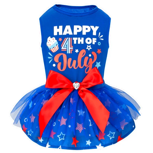 cyeollo 4th of July Dog Dress Independence Day Dog Clothes Dog Tulle Skirts for Small Dogs Holiday Pet Outfits with Bowtie Patriotic Pet Apparel, Blue, L