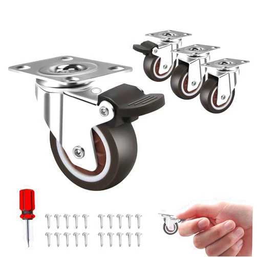 Generic 1 Inch TPR Rubber Caster Wheels for Furniture, Plate Swivel Small Caster Wheels Set of 4 No Noise No Floor Marks Silent (2 with Brake), Silver