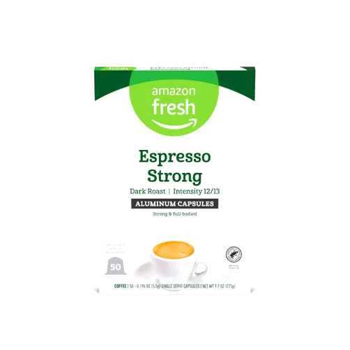 Amazon Fresh Espresso Strong Dark Roast Aluminum Capsules, Compatible with Nespresso Original Brewers, Intensity 12/13, 50 Count (5 Packs of 10)