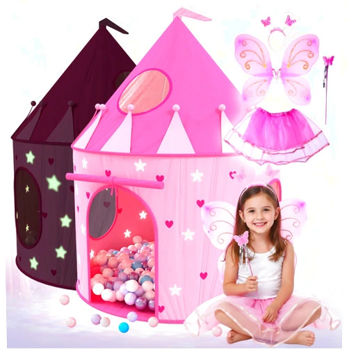 Playz Princess Castle Pop Up Tent & Dress Up Set – Kids Pink Playhouse Tent for Girls with Glow in The Dark Stars, Foldable Indoor Outdoor Toddler or Baby Girl Tent with Carrying Case