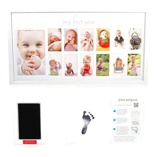 Green Pollywog | Baby's First Year Frame and Hand/Footprint Kit | Elegant White Picture Frame | Non-Toxic | Inkless Footprint | Baby Footprint Frame | Newborn Footprint Kit | Baby Ink Pad