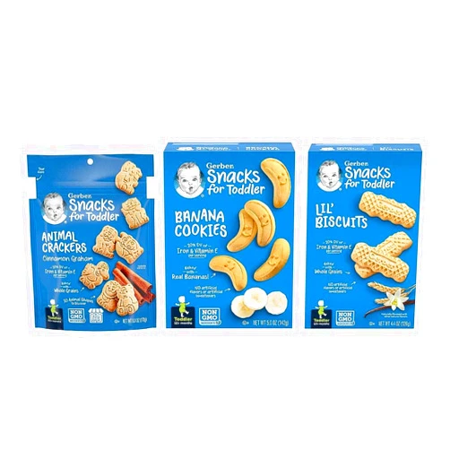 Gerber Toddler Snack Trio Variety Pack - Cinnamon Animal Crackers, Banana Cookies, Lil' Biscuits (Pack of 3) - Ideal for Self-Feeding - Nutrient-Packed with Calcium, Iron & Zinc
