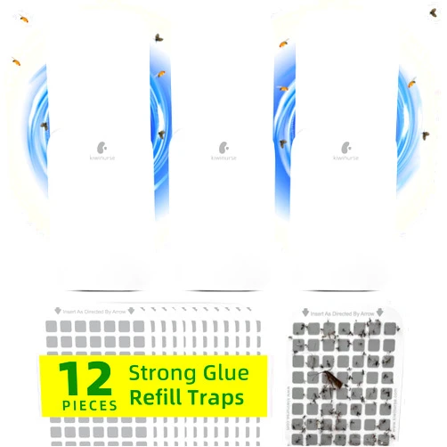 Kiwinurse Indoor Fly Trap for Home - Flying Insect Trap Fruit Fly Traps for Bugs, Gnats, Moths for Indoors with Bug Lights, 3 Traps + 12 Glue Cards