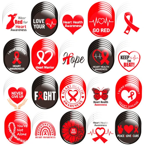 Dvbonike 40/100Pcs Heart Health Awareness Button Pins - Red Ribbon Round Badges Heart Disease Awareness Pinback Decoration for Classroom Activity Gift Party Favor Supplies Clothe Bag Accessories