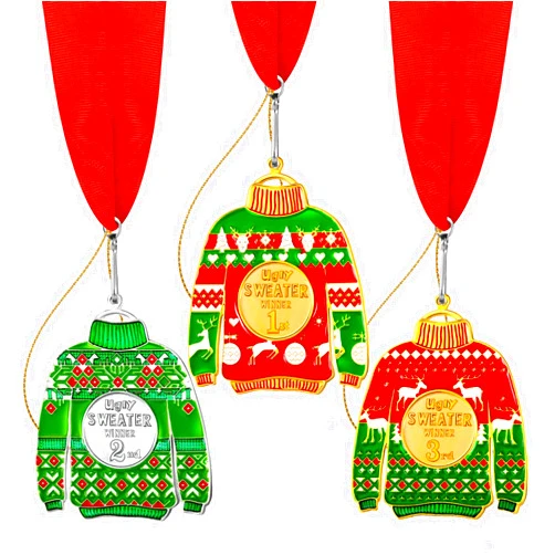 Karenhi 3 Pcs Christmas Ugly Sweater Medal Award Contest Medals Christmas Tree Ornament for Ugly Sweater Contest Party (1st, 2nd, 3rd Style)