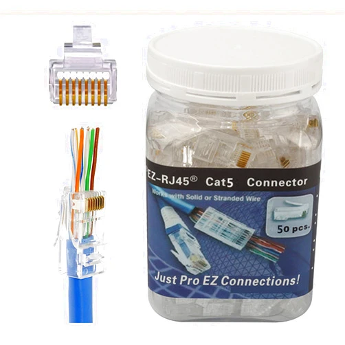 PETECHTOOL RJ45 CAT5 CAT5e Pass Through Connectors 50Pack-End Ethernet 8P8C GoldPlated Modular Plug for Unshielded Twisted Pair Solid Wire & Standard Cables