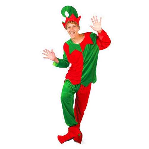 Fun Express Men’s Classic Christmas Elf Red & Green Polyester Costume - One Size First Most - 4 Piece Set