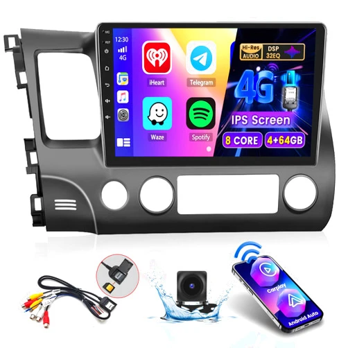 Hikity [8-Core 4+64G] Hikity Android 13 Car Stereo for Honda Civic 2006-2011 Carplay Radio, 10.1'' Touch Screen in-Dash Radio, Wireless Carplay Android Auto, Bluetooth 5.0, GPS, AM/FM/RDS, EQ DSP, Backup Cam