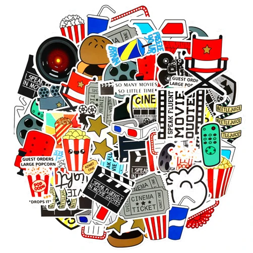 Chinco 100 Pcs Funny Movie Night Stickers Vinyl Waterproof Funny Movie Decals for Water Bottles Laptop Scrapbooking Travel Cups, Movie Sticker Packs Gifts for Adults