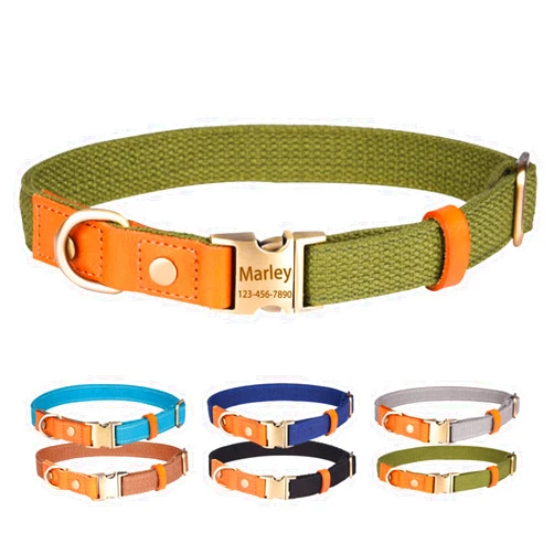 AnNengJing Personalized Dog Collars Canvas with Leather Collar Customized with Name and Phone Number for Small Medium Large Boy Girl Dogs