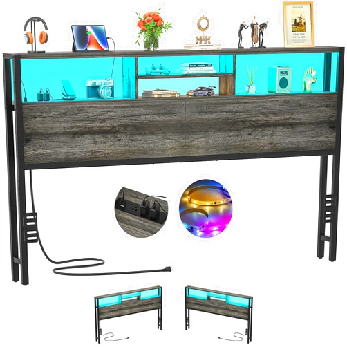 Aheaplus Headboard for King Size Bed with Storage, Headboards with Outlets, USB Ports and LED Light, King Size Head Board Only, Height Adjustable, Reversible, Sturdy and Stable Headboard, Black Oak