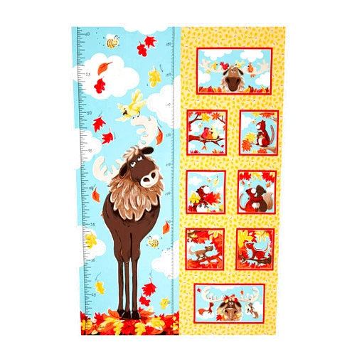 Hamil Textiles Susybee Bruce the Moose Growth Chart 29.5in Panel Light Gold Quilt Fabric, Gold/Red/Black
