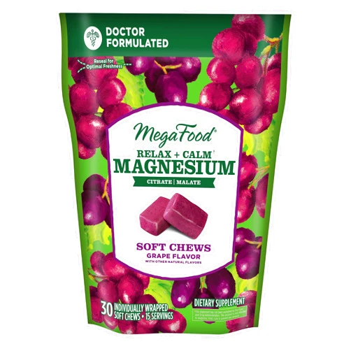 MegaFood Relax + Calm Magnesium Supplement - Soft Chews with Magnesium Citrate & Magnesium Malate for Heart Health, Muscle Tension & More - Vegetarian - Grape-Flavor - 30 Chews per pack (Pack of 1)