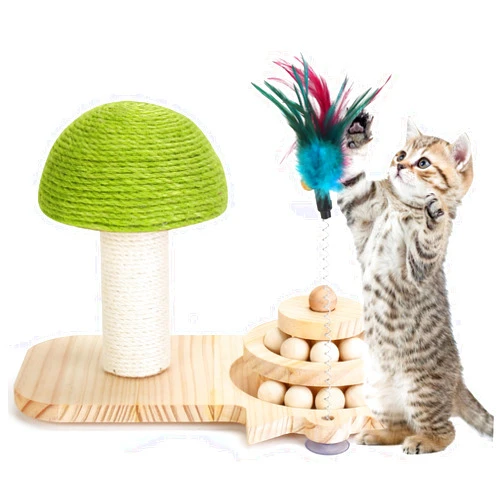 Outamateur Cat Scratching Post, Sisal Mushroom Scratcher, Interactive Cat Toy with Ball and Bell Feather for Kittens and Small Cats