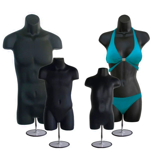 DisplayTown 4 Mannequin Forms - Male Female Child & Toddler Torso Set w/ Metal Stand with Metal Pole & Hanging Hook, S-M Sizes (Black)