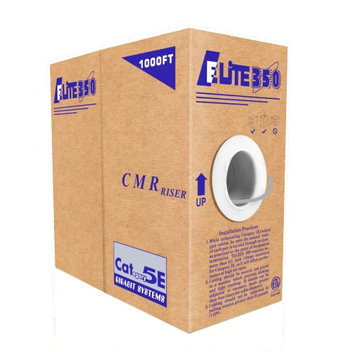 Elite CAT5E Riser (CMR), 1000ft, UTP 24AWG, Solid Bare Copper, 350MHz, UL Certified, Easy to Pull (Reelex II) Box, Bulk Ethernet Cable in Gray