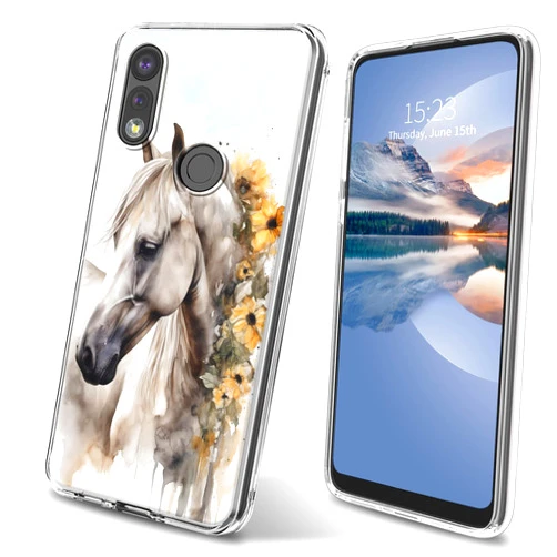 HEAKIERG for Moto E 2020 Clear Case 6.2 Inch, Dual Layer Transparent Protective Design Heavy Duty Shockproof Cover Case for Motorola Moto E 2020 for Women Men, Sunflower Horse
