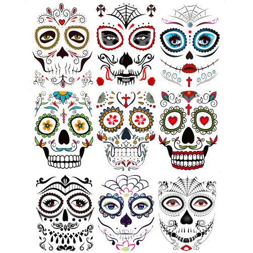 DaLin Temporary Tattoo DaLin 9 Sheets Floral Day of the Dead Sugar Skull Temporary Face Tattoos for Halloween
