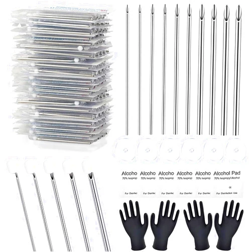 Judero Piercing Needles Kit - Judero 66Pcs Piercing Kit Includes Mixed 50Pcs Ear Nose Piercing Needles 12G 14G 16G 18G 20G Hollow Needles 6Pcs Piercing Discs 6Pcs Clean Tools 4Pcs Gloves for Ear Nose Navel Nipple Lip Tongue Piercing Tools