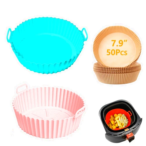 Maocufan Silicone Air Fryer Liners - Disposable and Reusable Basket Liners for Easy Cooking - Air Fryer Liners for a Clean and Hassle-Free Experience (blue+pink)