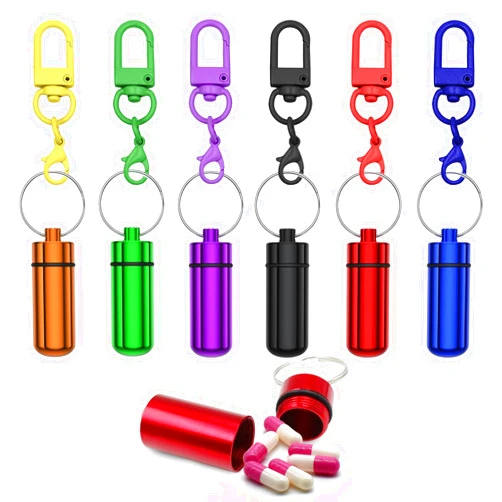 DXMWWTP Small Portable Pill Box Keychain 6 Pack, Aluminum Metal Pill Box Case Organizer Waterproof Mini Storage Pill Container with 6 Colorful Keychains for Daily User Outdoor Camping Travel (Multicolor)