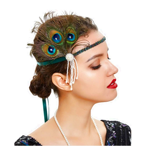 Anglacesmade Bridal 1920s Flapper Feather Headband Crystal Beaded Pearl Tassel Peacock Feather Headpiece
