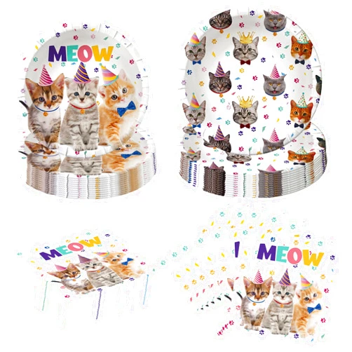 Lousuip 80PCS Cat Party Supplies Cat Kitten Paper Plates and Napkins Party Tableware for Kids Meow Cat Birthday Babyshower Party Decorations, Serves 40