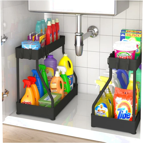 Auletin 2-Tier Under Sink Organizers and Storage 2 Pack, Bathroom Organizer with Hooks, Kitchen Organization and Storage, L-Shaped Cabinet Organizer, Spice Can Makeup Organizer for Countertop