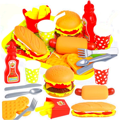 FINGOOO Pretend Play Food Set, Hamburger Fries Pizza Popcorn Toys Role Play Take Apart Educational Gift for Kids Boys Girls