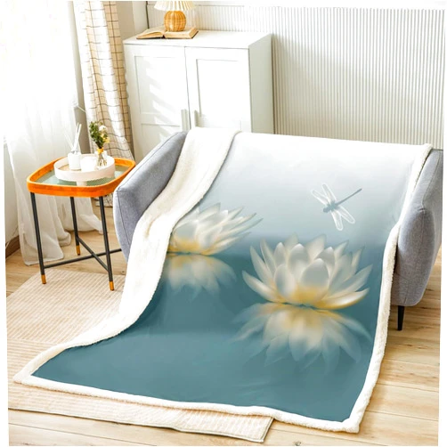 Castle Fairy Lotus Flower Throw Blanket Dragonfly Bed Blankets for Kids Girls Boys Adult Roon Decor Animals Plants Fleece Blanket Dark Cyan Gradient Sherpa Blanket,for Chair/Sofa,40
