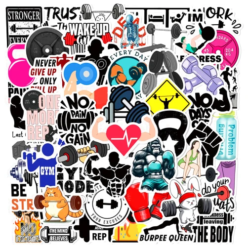 Zumkjde Fitness Incentives Stickers, 50Pcs Work Out Inspirational Vinyl Decals for DIY Laptops Computer Skateboard, Cartoon Be Strong Physical Exercise Sticker for Kids Teens Adults