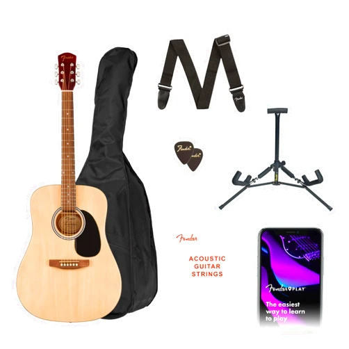 Fender FA-25 Dreadnought Acoustic Guitar Kit, Beginner Guitar Kit, with 2-Year Warranty, Includes Padded Gig Bag, Guitar Stand, Guitar Strap, and More, and Free Lessons, Natural
